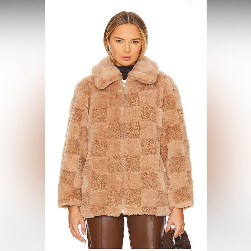 540 Brand New Apparis Lucy Jacket In Butterscotch Checked Faux Fur Teddy Coat